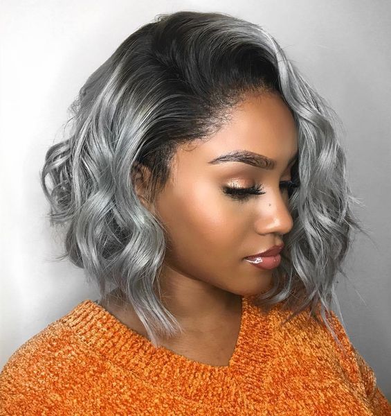 Ombre Grey Short Human Hair Bob Wig 1b Grey Wavy Lace Front Human