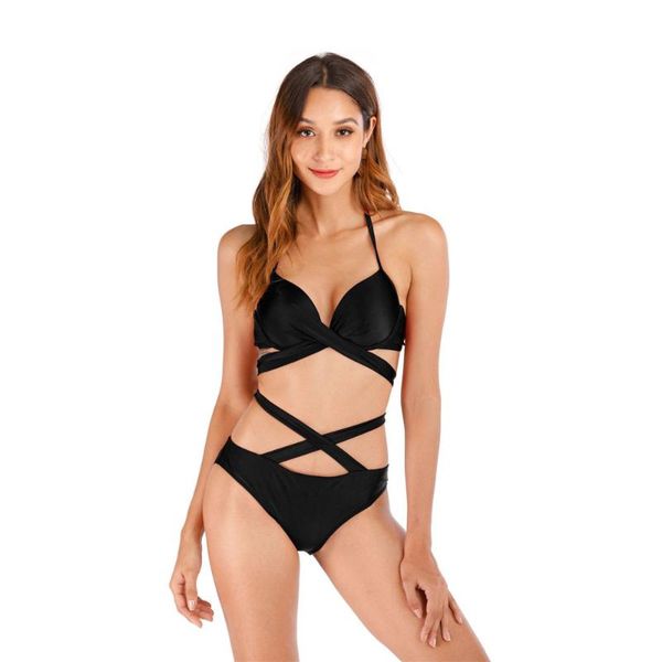 

push-up bikini two-piece black bandage halter bikinis women push high split swimsuit plus size swimwear ing