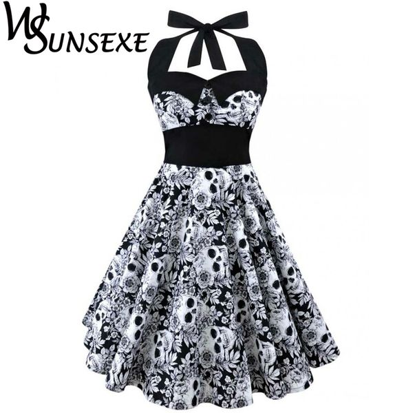 

wsunsexe retro vintage style sleeveless 3d skull floral printed summer women dress halter plus size party casual dress, Black;pink