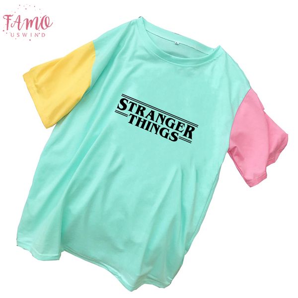 

women t shirt casual stranger things letter tshirt mutlicolor spliced v neck cotton tee shirt femme hipster tumblr female harajuku, White