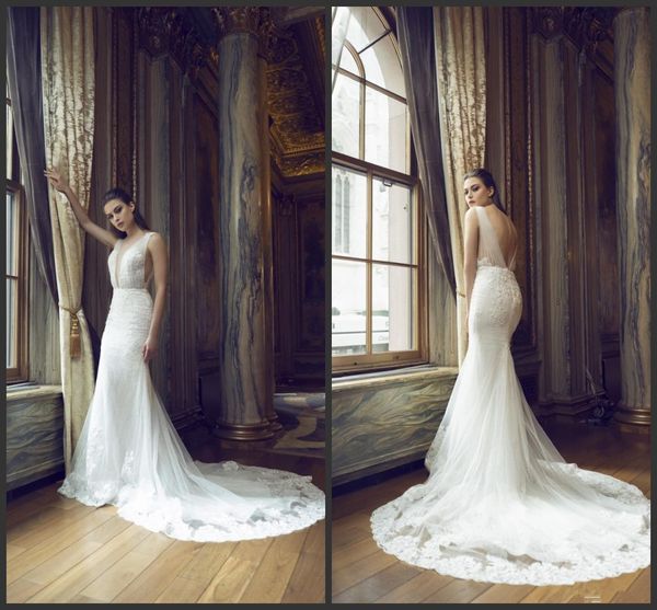 

2020 new mermaid v neck backless wedding dresses lace applique crystal country princess wedding gowns women vestidos de novia, White