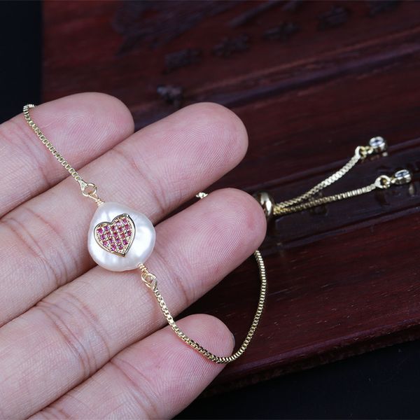 

wine red fuchsia cz crystal tiny heart love charm freshwater pearl bead charms dainty gold link bracelets for women jewelry gift, Black