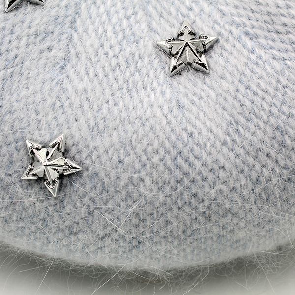 

rancyword] fashion new women angora rabbit solid color beret female bonnet caps winter all matched warm walking hat with stars, Blue;gray