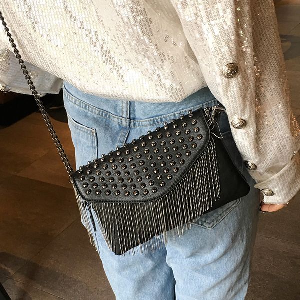 

bag female fashion 2019 new hand to take wild tassel messenger bag chain fashion rivet shoulder