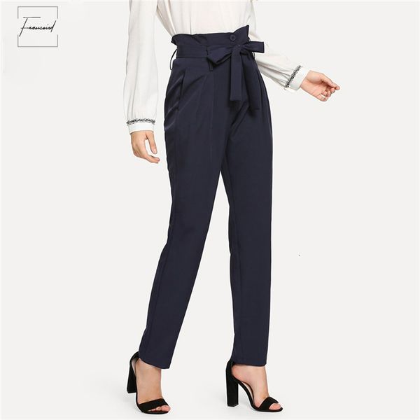 

trousers high waist belted navy tailored pants women elegant workwear pleated autumn office lady long pants, Black;white