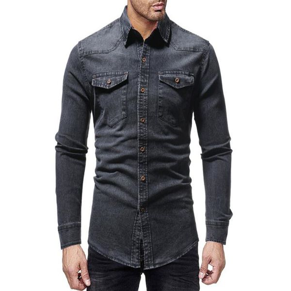 

new autumn/winter 2019 men's casual slim denim long-sleeved shirt, White;black