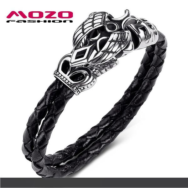 

мода мужчины ювелирные изделия черный двойной слой кожаный браслет из нержавеющей стали меч крылья панк шарм браслеты ps1013, Golden;silver