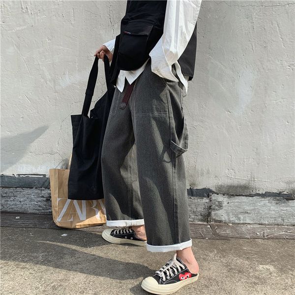 

2019 men's baggy homme wide leg pants cargo pocket wash jeans black casual pants loose high-quality trousers plus size -2xl, Blue