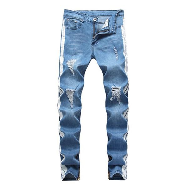 

mens designer jeans ripped distressed long light blue striped jean pants fashion trousers
