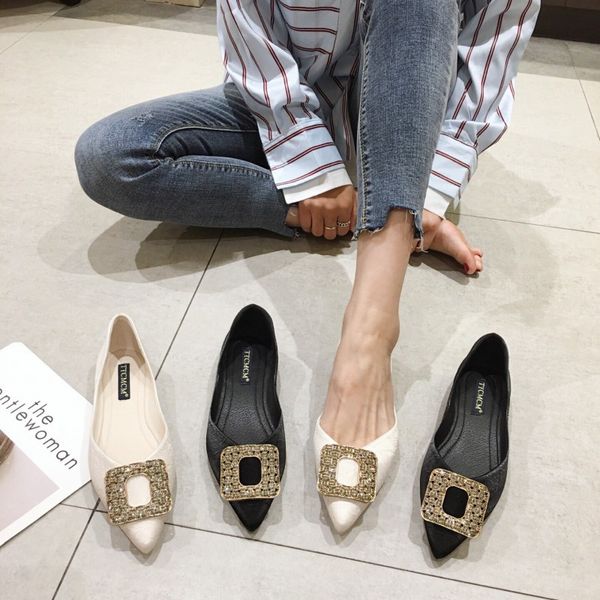 

women shoes autumn casual female sneakers flats pointed toe shallow mouth all-match crystal soft 2020 fashion women's fall, Black