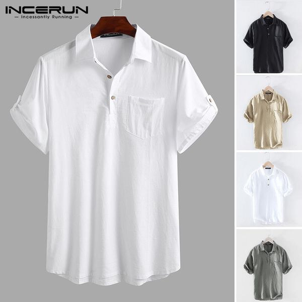 

men's casual shirts incerun solid color shirt men short sleeve harajuku breathable cotton 2021 brand lapel summer street camisas hombr, White;black