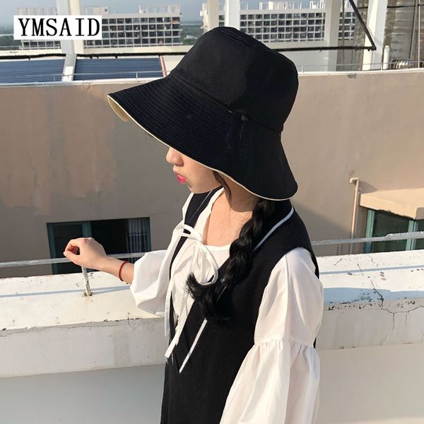 

ymsaid 2020 new summer two-sided solid color fisherman hat woman casual wide eaves hat panama cotton simple hats, Blue;gray