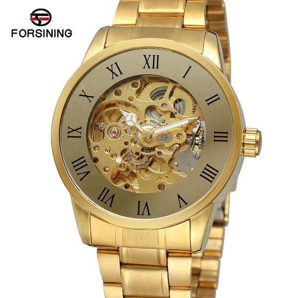 

forsining luxury men classic roman gold skeleton full stainless steel dress mechanical automatic wrist watches relogio masculin, Slivery;brown
