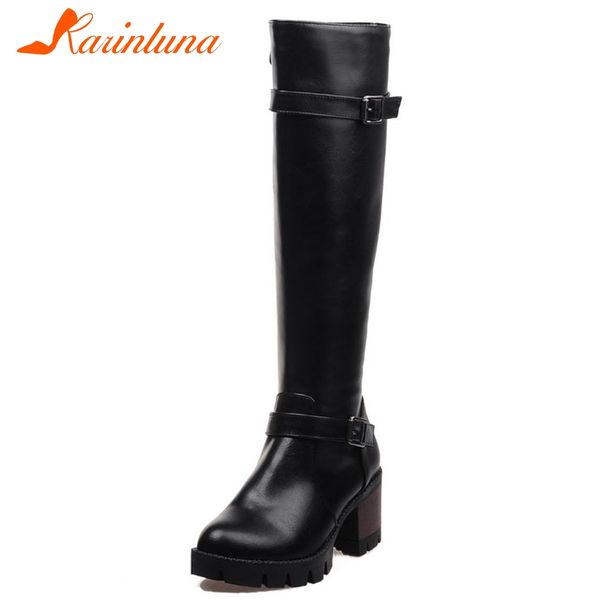 

karin 2019 big size 32-43 buckles women shoes woman platform zip up square heel riding boots winter chaussure, Black