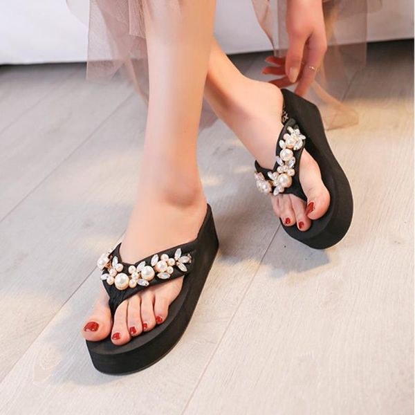 

bohemian wedges platform slipper woman shoes classics non-slip women's summer footwear flower lightweight flip flops woman shoes, Black