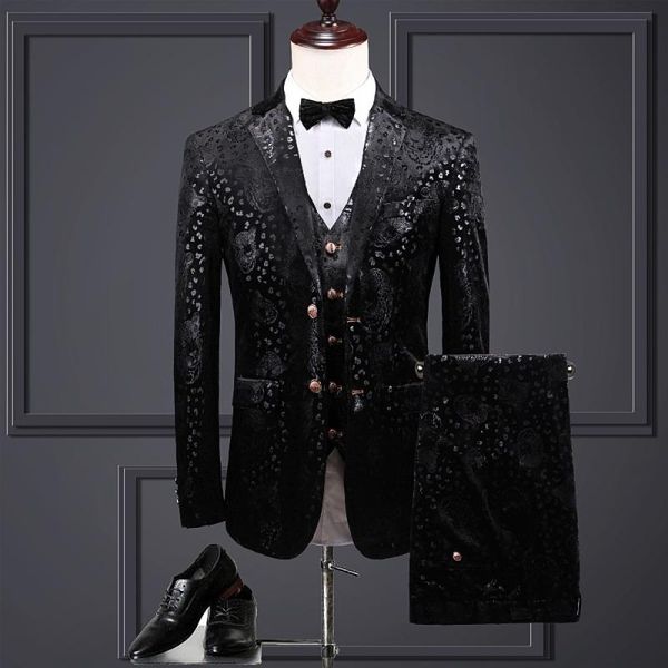 

spring autumn new large size irregular printing male suits british style suit three pieces groommen wedding banquet casual sets, White;black