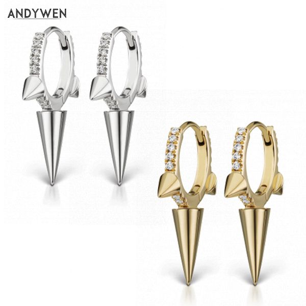 

andywen 925 sterling silver 8mm triple long spike eternity clicker crystal cz zircon hoops clis loops huggies earring for women, Golden