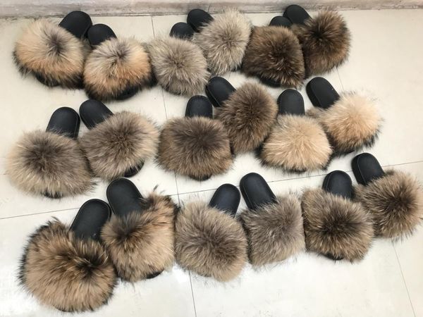 

women's real fur slippers shoes flip flops flat fluffy raccoon fur slides selling, Black