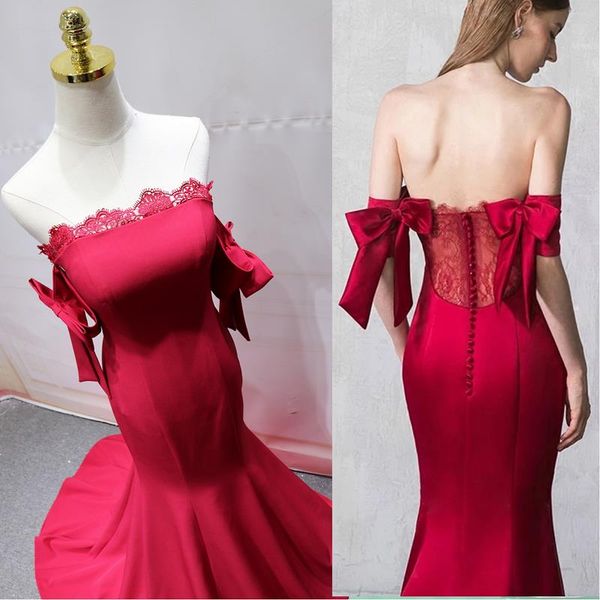 

red mermaid evening dresses long with bow 2020 robe de soiree open back abendkleider custom made satin formal prom gowns, Black;red