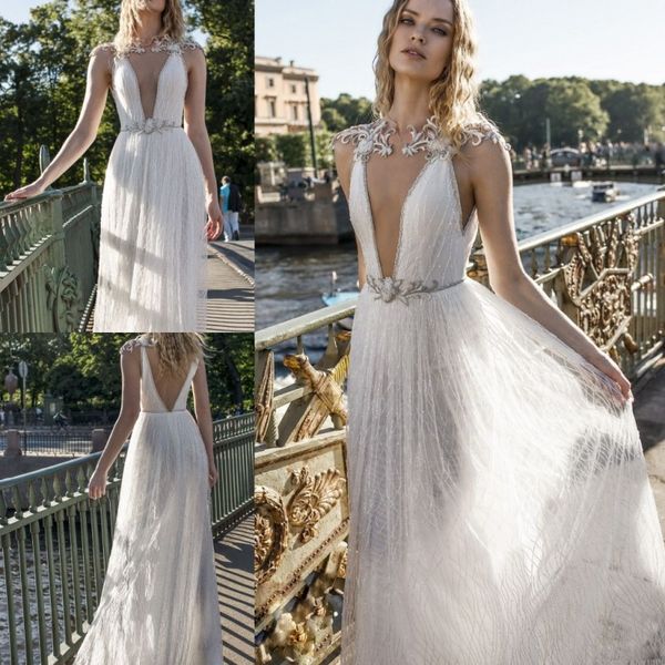 

lian rokman 2019 beach wedding dresses sheer neck lace appliqued beads bohemian bridal gowns custom made wedding dress vestido de novia, White