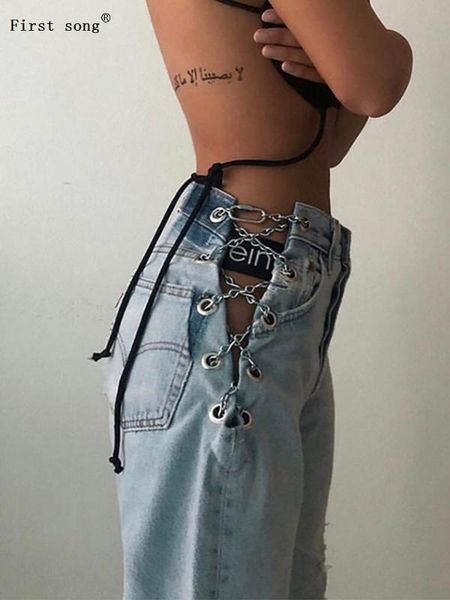 

heavy-duty craft side cross belt metal chain high waist jeans 2020new ladies fashion personality wild women's jeans, Blue