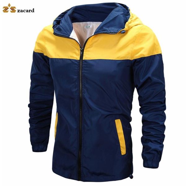 

outdoors autumn winter men hiking zipper soft shell waterproof jacket stitching color hooded slim fit jacket, Black;brown