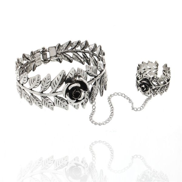 

vintage rose leaf bracelet exaggerated tree leaves bangles with figure bracelets for women hip hop charm jewelry, Golden;silver