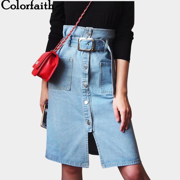 

colorfaith 2019 new autumn spring women strap skirt casual spaghetti buttons belt denim high waist pockets midi skirt dr6215, Black