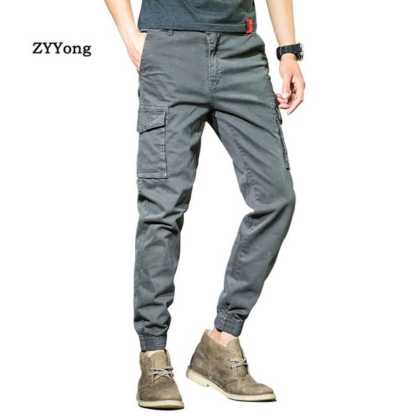 

cotton gray overalls men casual cargo pants fashion big pocket beam feet slim outdoor sports streetwear black trousers