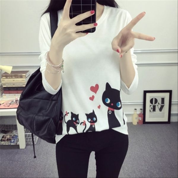 

loose long sleeve t- base women's autumn simple round collar t-shirt base shirt female student top, White