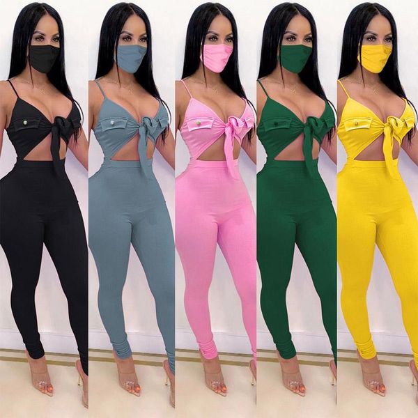 

womens jumpsuits with face mask v neck sleeveless lace-up leggings pants rompers clubwear onesies bodysuit playsuits summer clothes, Black;white