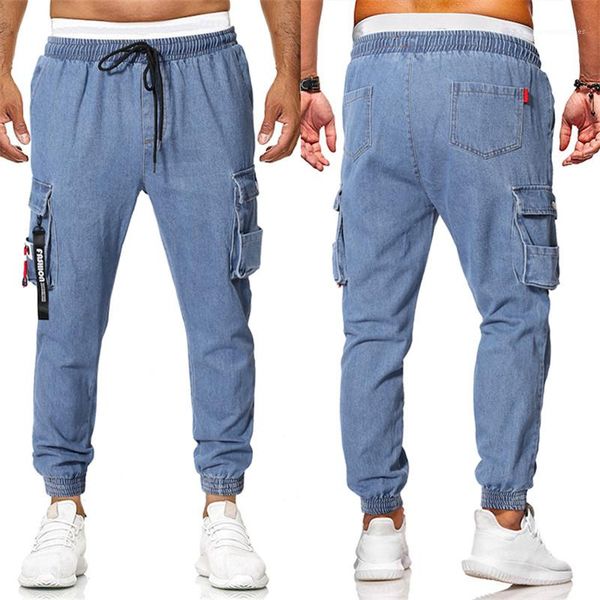 

designer european and american mens loose pocket drawstring decoration design casual jeans fashion casual males apparel mens panelled jeans, Blue