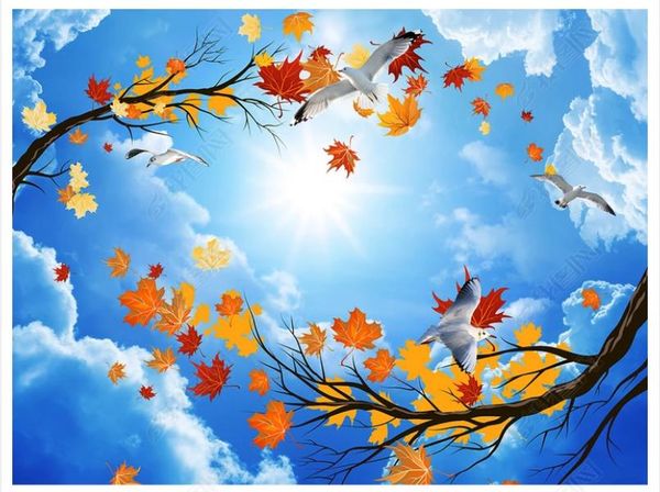 

3d p custom ceiling mural wallpaper interior decoration hd dreamy autumn leaves flower cloud flying pigeon zenith ceiling mural