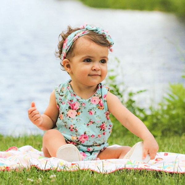 

rompers floral baby girls bodysuit outfit summer clothes jumpsuit cotton romper+headband 2pcs toddler 3-12 months, Blue
