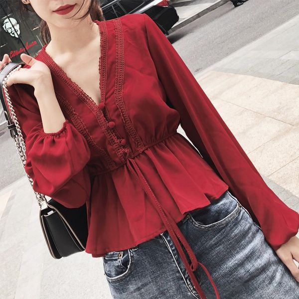 

women lace ruffled chiffon blouse fashion summer v-neck puff sleeve shirts, White