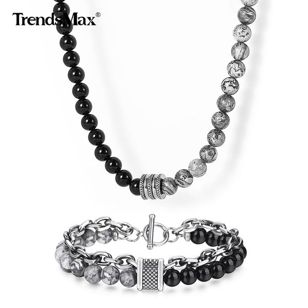 

unique design natural map stone bracelet necklace set black glass beads jewelry sets for men women birthday party jewelry gift, Silver