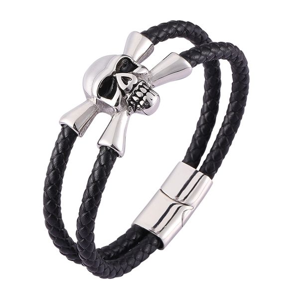

punk rock mens jewelry black braided leather rope bracelet men skeleton skull bracelets steel buckle male leather bangle sp0472, Golden;silver