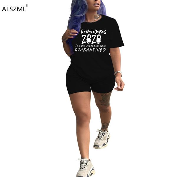 

2020 new on fashion letter print o neck pullover t-shirt and casual shorts sport jogger tracksuit street 3 color women suit, White