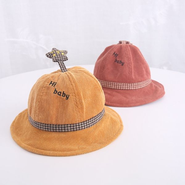 

2-3t cute baby corduroy hat new autumn boys girls toddler five-pointed star design bucket hats caps reversible sun headwear #m, Yellow