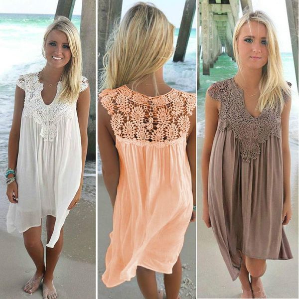 

boho style women lace dress summer loose casual beach mini swing dress one piece playsuits chiffon bikini cover up, Black;gray