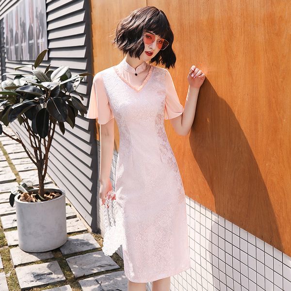 

new arrival lace chinese traditional style cheongsam elegant women's mandarin collar qipao short dress size s-3xl, Red