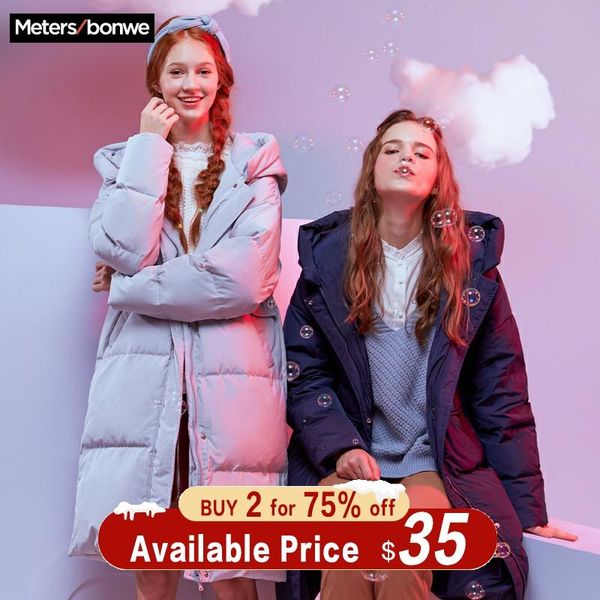 

metersbonwe new long warm down coats over the knee women winter warm 80% gray duck down hooded female coat winter trend outwear, Black
