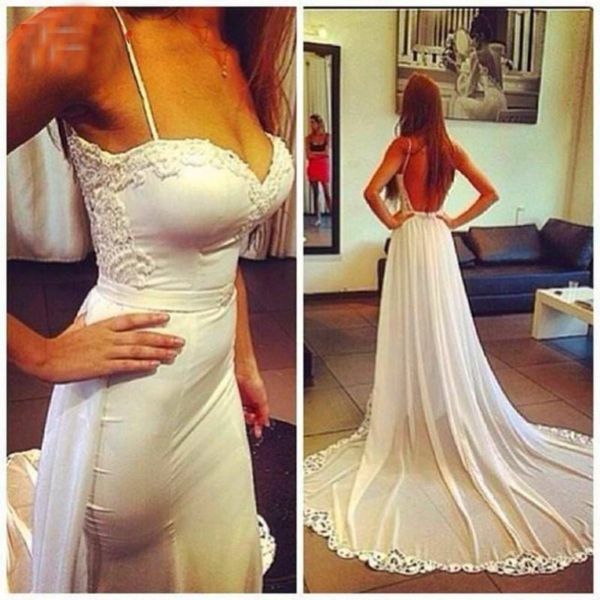 

vintage beach boho wedding dresses 2019 spaghetti straps mermaid bride gowns backless vestido de noiva detachable train, White