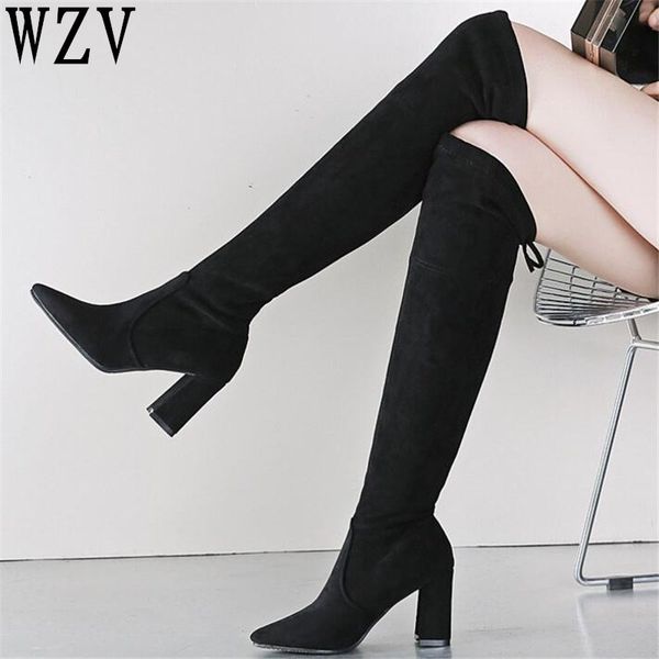 

2018 ladies shoes square high heels women over the knee boots black pointed toe high heel woman long boots size 35-40 k339