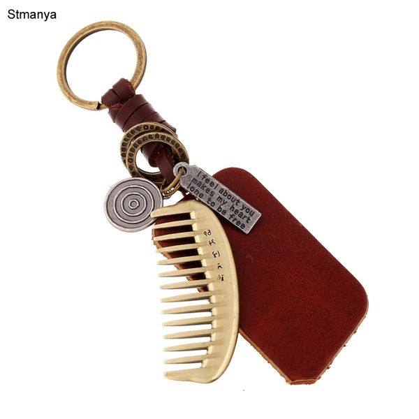 

retro punk style pure hand - woven leather rope key chain men and women couple keychain alloy comb leather pendant key, Slivery;golden