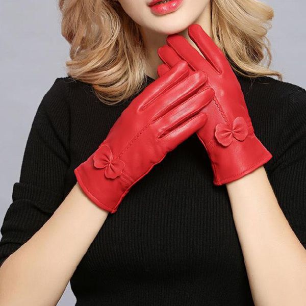 Frauen Echtes Leder Fünf Finger Handschuhe Winter Warme Handschuh Damen Echte Schafe Mädchen Fahren Mode Weibliche Wolle gefüttert