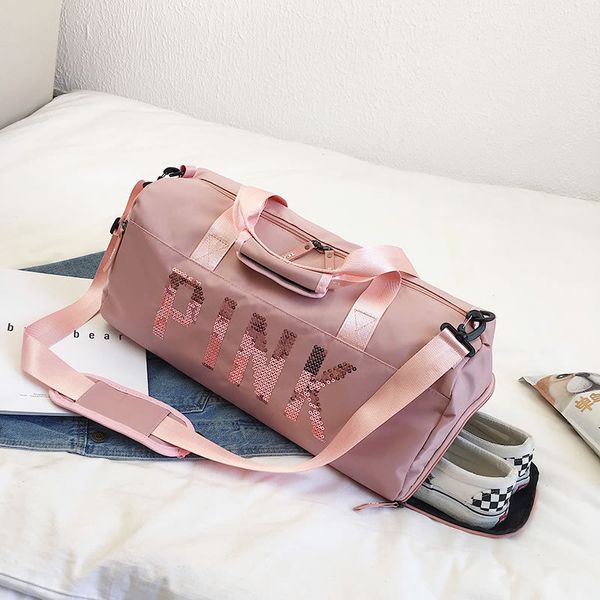 

2019 pink sequin letter sports gym bag women shoe compartment waterproof sport bags for fitness training yoga bolsa sac de sport