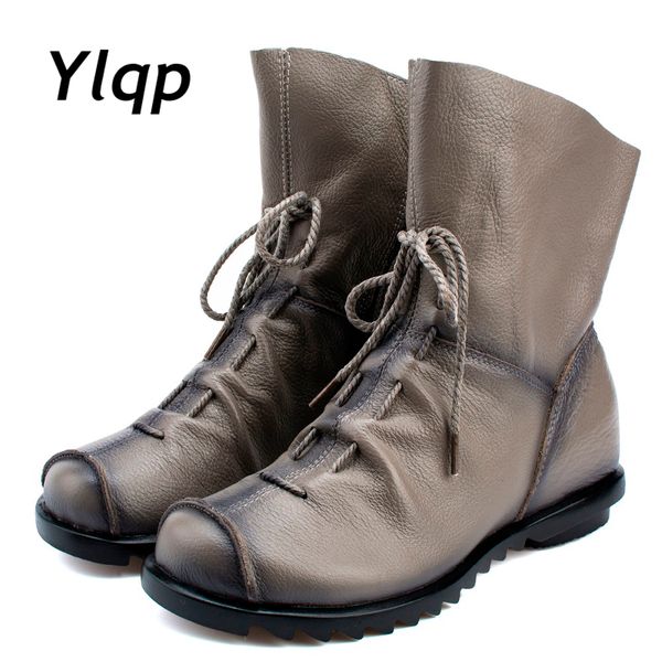 

plus size genuine leather women boots autumn winter fashion pleated ankle boots warm soft outdoor casual flat shoes for ladies, Black