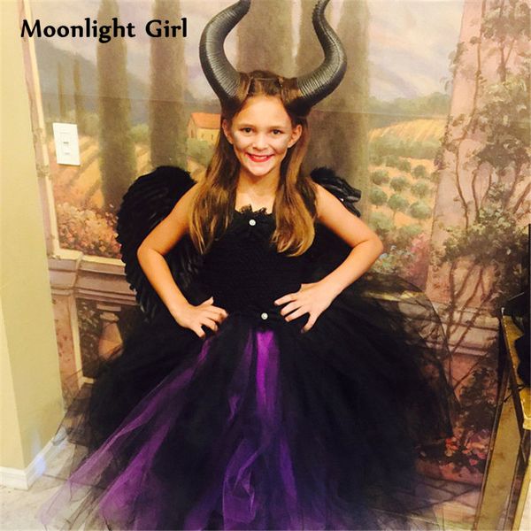 

black evil girl tutu dress maleficent queen dress wings horn headbands cosplay halloween costume for kids girls dresses pq018, Red;yellow