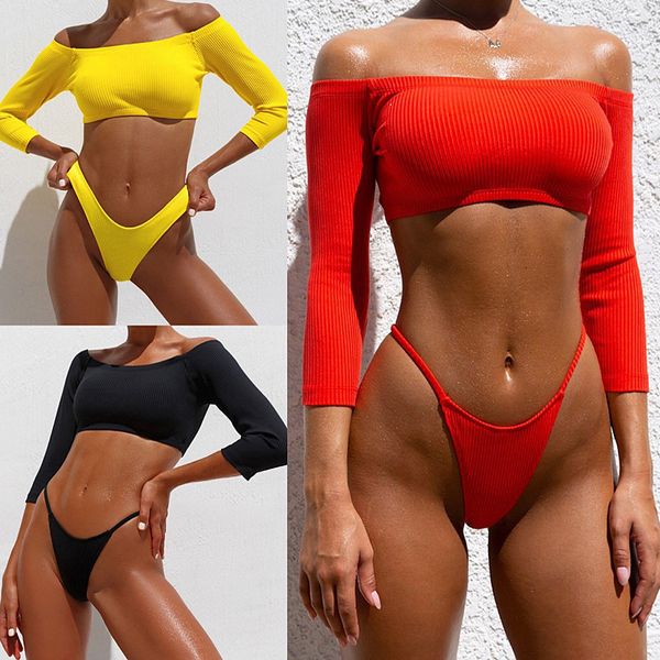 

long sleeve two piece bathing suit high waist girls bikinis red swimsuits push up swimwear tankini bikini women swimsuit 2019, White;black